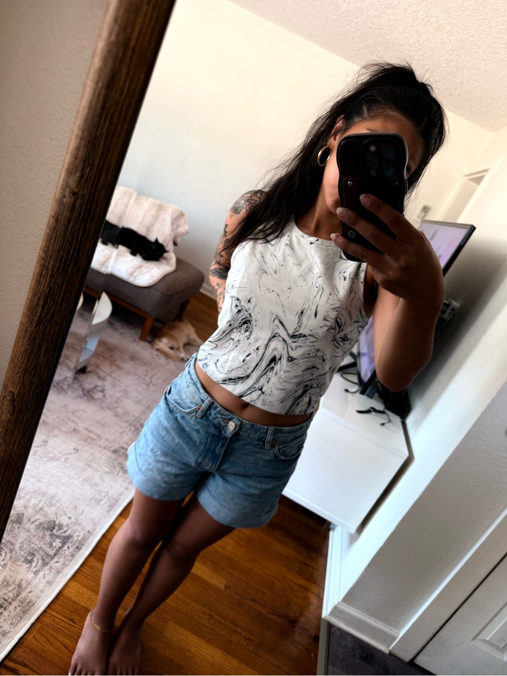 White Marble-Print Sleeveless Crop Top